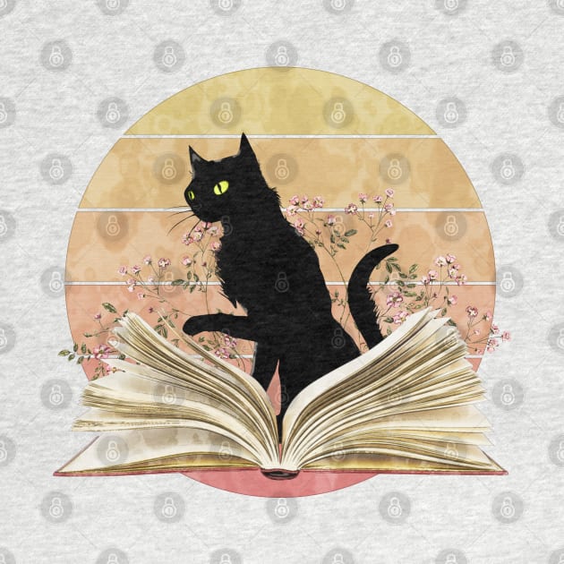 Cute Cat reading a book, watercolor sunset style, flowers growing from book, cats and books lovers lover by Collagedream